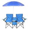 Double Folding Picnic Chairs W/Umbrella Mini Table Beverage Holder Carrying Bag For Beach Patio Pool Park Outdoor Portable Camping Chair (Blue)