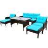 6-Piece Outdoor Patio Pe Wicker Rattan Sofa Set Dining Table Set With Removable Cushions And Tempered Glass Tea Table For Backyard, Poolside, Deck