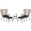 Outdoor Patio 5-Piece Rattan Conversation Set, Pe Wicker Arm Chairs With Stools And Tempered Glass Tea Table For Balcony, Natural Rattan+Dark Gray