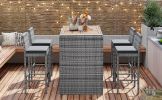 5-Pieces Outdoor Patio Wicker Bar Set, Bar Height Chairs With Non-Slip Feet And Fixed Rope, Removable Cushion, Acacia Wood Table Top, Brown Wood And G