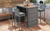 5-Pieces Outdoor Patio Wicker Bar Set, Bar Height Chairs With Non-Slip Feet And Fixed Rope, Removable Cushion, Acacia Wood Table Top, Brown Wood And G