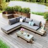 3-Piece Outdoor Wicker Sofa Patio Furniture Set, L-Shaped Corner Sofa, Water And Uv Protected, Two Glass Table, Adjustable Feet And 3.1" Thicker Cushi