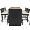 Outdoor Patio 7-Piece Rattan Dining Table Set, Pe Wicker Bar Furniture Set With Wood Tabletop And 6 Dining Chairs For Backyard, Garden, Black Rattan+B