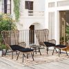 Outdoor Patio 5-Piece Rattan Conversation Set, Pe Wicker Arm Chairs With Stools And Tempered Glass Tea Table For Balcony, Natural Rattan+Dark Gray