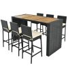 Outdoor Patio 7-Piece Rattan Dining Table Set, Pe Wicker Bar Furniture Set With Wood Tabletop And 6 Dining Chairs For Backyard, Garden, Black Rattan+B