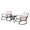 2Pcs Strap Rocking Chair And 1Pc Coffee Table Disassembly And Assembly Black Frame Beige Cushion Three-Piece Rattan Set Rt
