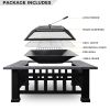 32In 3 In 1Multifunctional Fire Pit Table  Metal Square Patio Firepit Table Bbq Garden Stove With Spark Screen, Cover, Log Grate And Poker For Warmth,