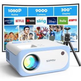 Mini Projector, Native 1080P Full HD 9000L SOPYOU Movie Outdoor Projector 4K Supported with 360Â° Tripod, Video Mini Portable Projector for HDMI, USB,