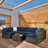 Beefurni Outdoor Garden Patio Furniture 7-Piece Dark Gray Pe Rattan Wicker Sectional Navy Cushioned Sofa Sets With 2 Begie Pillows