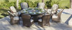 Turnbury Outdoor 9 Piece Patio Wicker Gas Fire Pit Set Round Table With Arm Chairs By Direct Wicker