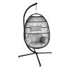Large Folding Hanging Egg Chair With Stand Outdoor Patio Swing Egg Chair With Grey Cushion, 330Lbs Capacity