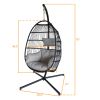 Large Folding Hanging Egg Chair With Stand Outdoor Patio Swing Egg Chair With Grey Cushion, 330Lbs Capacity