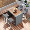 5-Pieces Outdoor Patio Wicker Bar Set, Bar Height Chairs With Non-Slip Feet And Fixed Rope, Removable Cushion, Acacia Wood Table Top, Brown Wood And G