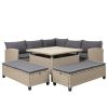 6-Piece Patio Furniture Set Outdoor Wicker Rattan Sectional Sofa With Table And Benches For Backyard, Garden, Poolside