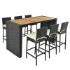 Outdoor Patio 7-Piece Rattan Dining Table Set, Pe Wicker Bar Furniture Set With Wood Tabletop And 6 Dining Chairs For Backyard, Garden, Black Rattan+B