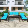 6-Piece Outdoor Patio Pe Wicker Rattan Sofa Set Dining Table Set With Removable Cushions And Tempered Glass Tea Table For Backyard, Poolside, Deck