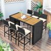 Outdoor Patio 7-Piece Rattan Dining Table Set, Pe Wicker Bar Furniture Set With Wood Tabletop And 6 Dining Chairs For Backyard, Garden, Black Rattan+B