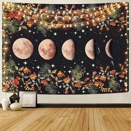 Moonlit Garden Tapestry, Moon Phase Tapestries Flower Vine Tapestry Black Background Tapestry (size: 130X150Cm)