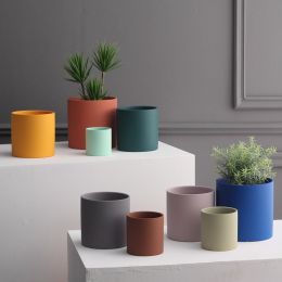 Nordic Industrial Style Colorful Ceramic Flowerpot Succulent Planter Green Plants Cylindrical Shape Flower Pot With Hole Tray (Color: Leather Pink, size: 13X13X13 With Plate)