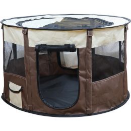 Portable Pet Soft Playpen, Pop Up Tent Indoor & Outdoor Use Durable Paw Kennel Cage, Waterproof Bottom Removable Top Puppy Pen (Color: Brown)