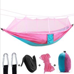 Camping Hammock With Mosquito Net Ultralight Portable Nylon Outdoor Windproof Anti-Mosquito Swing Sleeping Hammock (Color: Pink)