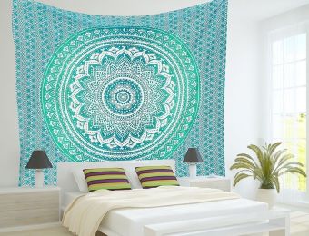 Indian Mandala Tapestry Green Blue Flower Beautiful Wall Art Tapestry 210X150Cm Bedspread Beach Towel Yoga Blanket Table Cloth (Option: 1)