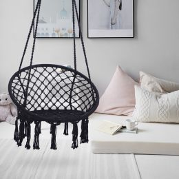 Hammock Chair Macrame Swing Max 330 Lbs Hanging Cotton Rope Hammock Swing Chair For Indoor And Outdoor (Color: Black)