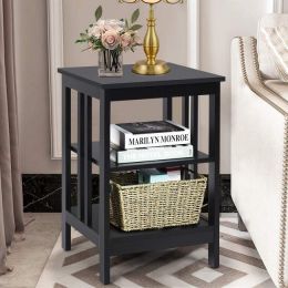 Set Of 2 Multifunctional 3-Tier Nightstand Sofa Side Table With Reinforced Bars And Stable Structure (Color: Black)