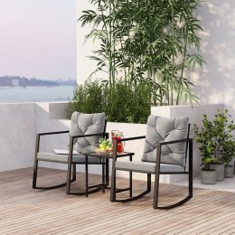3 Pieces Patio Set Outdoor Patio Furniture Sets Modern Rocking Chair Furniture Sets Clearance Cushioned Chairs Conversation Sets With Coffee Table For (Color: Black+ Gray)