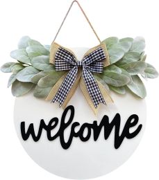 Welcome Wreath Sign For Front Door Porch Decor Farmhouse Front Door Wreath Rustic Style - Round Hanging Spring Summer Christmas Decoration For Home In (Color: White)