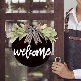 Welcome Wreath Sign For Front Door Porch Decor Farmhouse Front Door Wreath Rustic Style - Round Hanging Spring Summer Christmas Decoration For Home In (Color: Black)