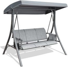 3 Person Patio Swing Chair With Storage Pocket Bag Weather Resistant Canopy Heavy Duty Steel Frame Hanging Glider Seating For Outdoor,Balcony,Garden, (Color: Grey)