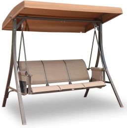 3 Person Patio Swing Chair With Storage Pocket Bag Weather Resistant Canopy Heavy Duty Steel Frame Hanging Glider Seating For Outdoor,Balcony,Garden, (Color: Brown)