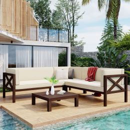 Outdoor Wood Patio Backyard 4-Piece Sectional Seating Group With Cushions And Table X-Back Sofa Set For Small Places (Color: Beige)