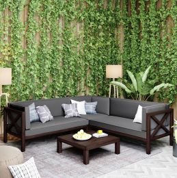 Outdoor Wood Patio Backyard 4-Piece Sectional Seating Group With Cushions And Table X-Back Sofa Set For Small Places (Color: Gray)