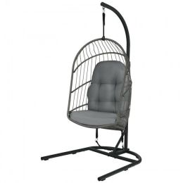 Hanging Wicker Egg Chair With Stand And Cushion (Color: Gray)