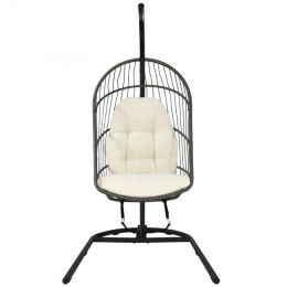 Hanging Wicker Egg Chair With Stand And Cushion (Color: Beige)