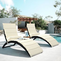 Patio Wicker Sun Lounger, Pe Rattan Foldable Chaise Lounger With Removable Cushion And Bolster Pillow, Black Wicker And Beige Cushion (2 Sets) (Color: Beige)