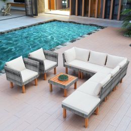 9-Piece Outdoor Patio Garden Wicker Sofa Set, Gray Pe Rattan Sofa Set, With Wood Legs, Acacia Wood Tabletop, Armrest Chairs With Beige Cushions (Color: Beige)