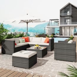 Patio Furniture Sets, 8-Piece Patio Wicker Corner Sofa With Cushions, Ottoman And Coffee Table (Color: Gray)