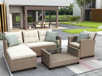 Outdoor, Patio Furniture Sets, 4 Piece Conversation Set Wicker Ratten Sectional Sofa With Seat Cushions(Beige Brown) (Color: Beige)