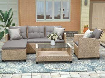 Outdoor, Patio Furniture Sets, 4 Piece Conversation Set Wicker Ratten Sectional Sofa With Seat Cushions(Beige Brown) (Color: Beige Brown)