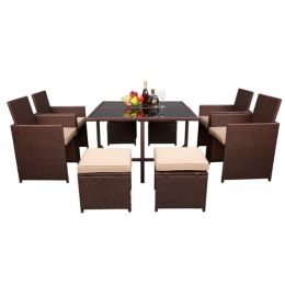 Backyard Garden Pe Wicker For 8 People Dining Table Set (Color: Khaki)