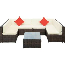 Backyard Patio Garden Pe Rattan Sectional  Corner Sofa Furniture Set 7 Pieces (Color: Beige)