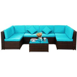 Backyard Patio Garden Pe Rattan Sectional  Corner Sofa Furniture Set 7 Pieces (Color: Blue)