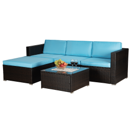 Outdoor Garden Patio Furniture 5-Piece Brown Pe Rattan Wicker Sectional Cushioned Sofa Sets (Color: Blue)