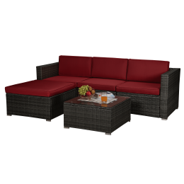 Outdoor Garden Patio Furniture 5-Piece Brown Pe Rattan Wicker Sectional Cushioned Sofa Sets (Color: Dark Gray)