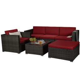 Outdoor Garden Patio Furniture 6-Piece Brown Pe Rattan Wicker Sectional  Cushioned Sofa Sets (Color: Dark Gray)