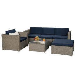 Outdoor Garden Patio Furniture 6-Piece Brown Pe Rattan Wicker Sectional  Cushioned Sofa Sets (Color: Gray)