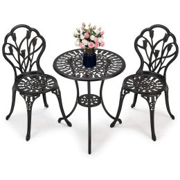 3-Piece Bistro Table Set, Cast Aluminum Outdoor Bistro Furniture Set, Patio Bistro Sets With Small Round Table And 2 Chairs For Porch, Lawn, Garden, B (Color: Black)